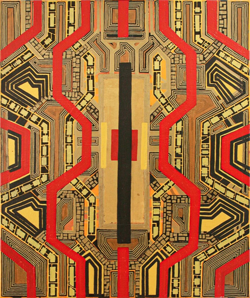 En observant cette œuvre, on peut percevoir des formes de circuits électriques symétriques tout en étant tout de même différents. Tous les motifs du tableau convergent vers l'élément central. A travers son tableau, l'artiste nous fait deviner l'alliance entre tradition africaine et modernité du monde occidental.
